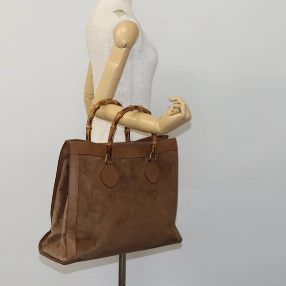 GUCCI Bamboo Hand Bag Suede Brown Gold Auth - Picture 13 of 15